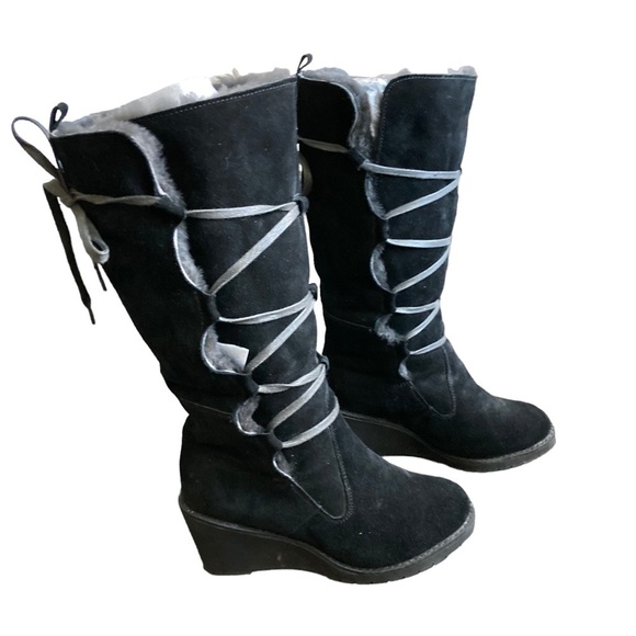 FLURRIES Black Sheepskin Lace Up Mid Calf Suede Wedge Winter Boots US 9 - Picture 1 of 7